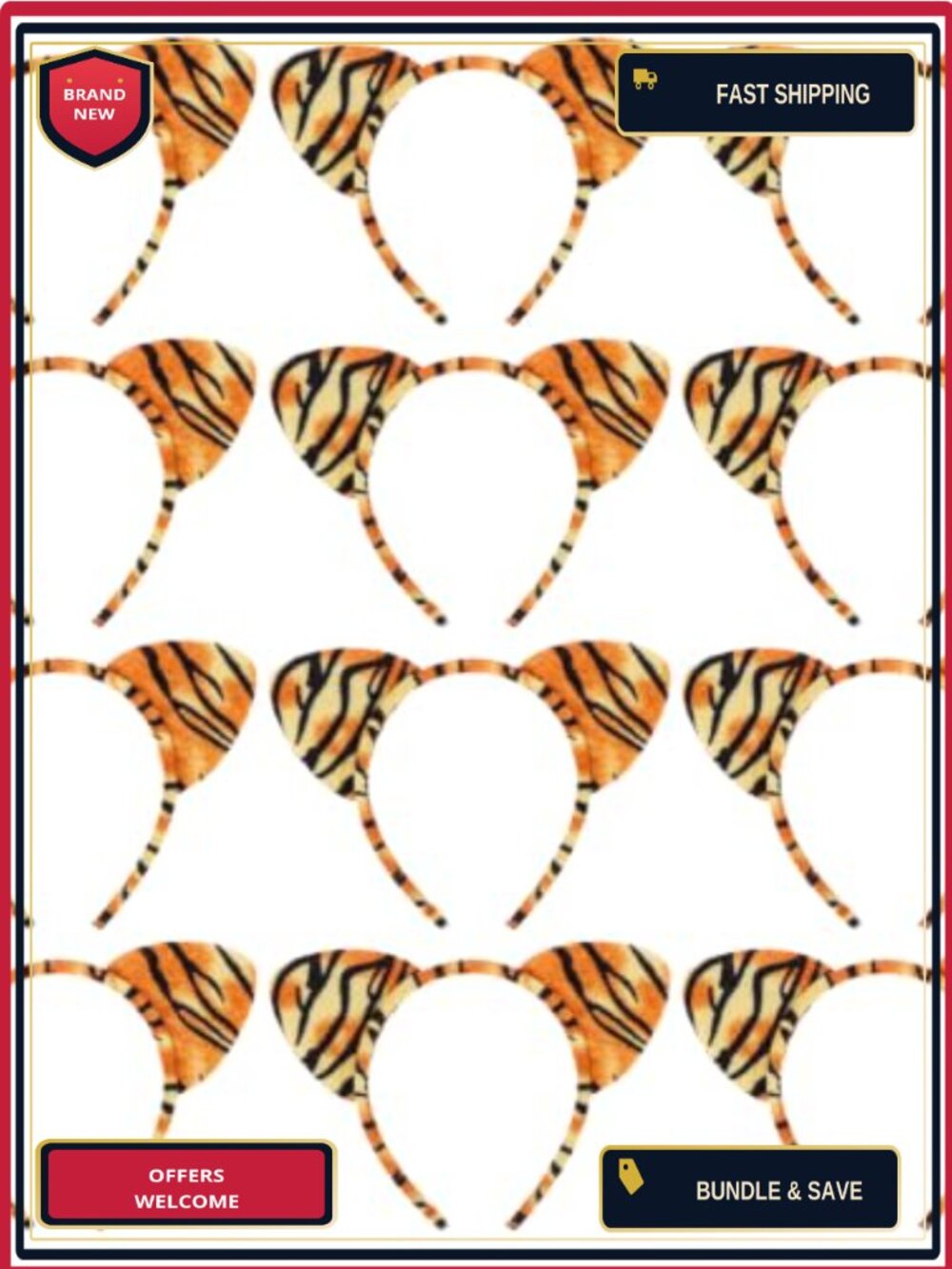 Tiger Ear Headbands Plush Animal Costume Headwear 12-Pack Party Set